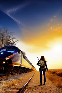 Profile of a long haired woman carrying her guitar case over her shoulder as she stands at the front window inside a train looking out at the tracks tracks. sharp focus, hyper-realistic, country -western, masterpiece, museum quality, pretty face, emotional, symmetrical features, Fibonacci golden ratio