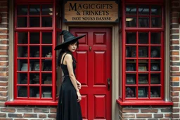 Photorealistic image of a slender, young woman with dark hair, in a witchy, black dress, no hat, leaning back against a shop door with red-painted, large, multi-paned windows on either side of a red-painted multi-paned door. Walls made of brick. The shop is selling magic gifts and trinkets. Large sign over the door.