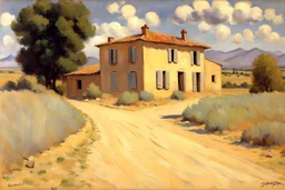 sunny day, clouds, rocks, trees, mountains, countryside, dirt road, adobe old house, gustave caillebotte and pieter franciscus dierckx impressionism paintings