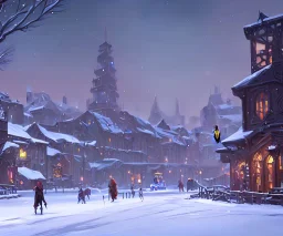 A snowy warlock town with river canals and a magical Christmas tree