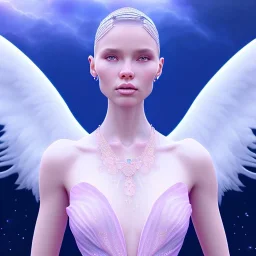 portrait of a beautiful woman with an angel face, pink and blue dress, jewels, soft light aura