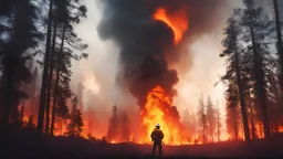 Climate change. A dense forest consumed by raging wildfires, with towering flames and thick, dark smoke filling the sky. Wildlife flee from the inferno, and a firefighter stands at the edge, silhouetted against the blazing backdrop. Beautiful award-winning photograph, inspiring, rule of thirds, balanced delightful composition, perfect lighting, superb detail, 16k render