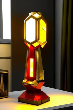 gaming table lamp inspired by avengers stark tower buliding architecture futuristic-modern stlye. geometric form, red and yellow color scheme