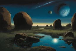 Dark blue sky with one exoplanet in the horizon, rocks, puddle, weeds, sci-fi movies influence, epic, ernest welvaert, and charles leickert impressionism paintings