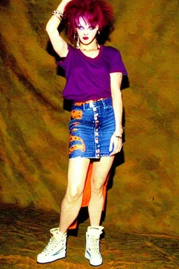 year 1996 denim fashion. Loose skirt, low waist. Combat pants and t-shirt. Colors: denim blue, blue, purple, cream, khaki, light green, lilac, plum, orange, terracotta, red, light yellow, pink, dark blue, beige. Latex in small part. Cheetah pattern. Gwen Stephani, Shirley Manson.Cargo pants