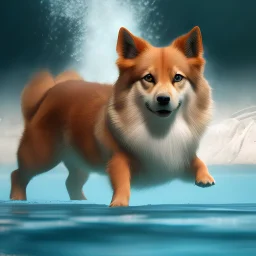 finnish spitz brown swimming in a pool, detailed, RTX, fantasy, 8K