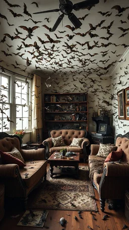 A rooms of a house with furniture full of thousands of bats everywhere , on a the walls , ceiling, on the couches and furniture coming from windows and broken glass of the window
