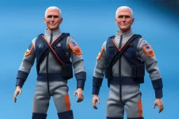 A Single Mike pence g.i. joe toy doll With a Laser gun space force Blue cloth uniform, fluorescent orange, whole body wide view, black boots