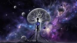 abstract 2d digital art graphic and ink montage,. galaxy in background with nebulas, pale silver gray human nervous system with fade little lights , dark purple, white-dark blue-pale gray and black colors, stunning composition with strange surreal vibe, emotional, abstractions, neurodivergens soul and mind, cinematic, thriller, four little human dark shilouette floatings in universum