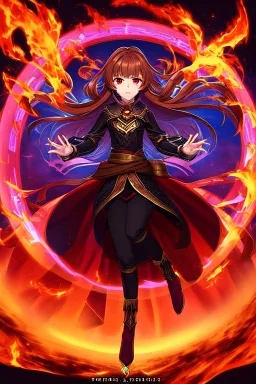 full body picture of a princess with brown waist length hair, fire powers in hands, powers, magic, fantasy, spell, dark, wearing black and red, evil looking, red eyes, smirk, confident, Unreal Engine, HDR, anime, high resolution, hi res, detailed