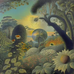 High definition photography of a marvelous landscape, trees, flowers, sun, intricate, atmosphere of a Max Ernst painting, Henri Rousseau, thoughtful, interesting, a bit appalling