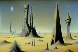 Mysterious towers in a desert landscape by artists "Leonora Carrington" and "Max Ernst"