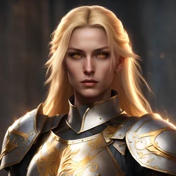 Generate a baldur's gate 3 character portrait of a beautiful female paladin aasimar. She has long gold hair. She has gold eyes. She has 5 eyes. She has a small wing coming from her temple. She is about 25 years old and has a strong face. She has one wing. She wears plate armour. She is lit by sunlight.