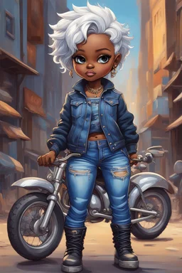 create an expressive oil painting illustration of a chibi cartoon voluptuous black female wearing a blue jean outfit with biker boots. Prominent make up with hazel eyes. Extremely highly detail of a very low platinum blonde pixie haircut. Background of a bike show.