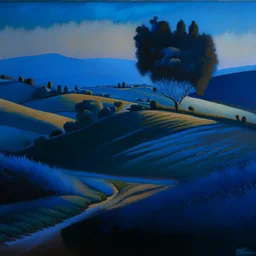 a fine oil painting of a landscape of rolling hills in the italian countryside, blue hour, bold chromaticity — ar 3:2