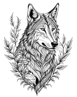 realistic wolf tattoo idea, line art, background, vector, svg, black outline on white background, leave plenty of white space beetween lines for coloring, tattoo style, tattoo idea,full body