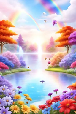 Beautiful garden, flowers, rainbows,ufos