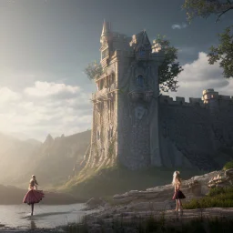 fairy tail castle with girl and wolf in the foreground