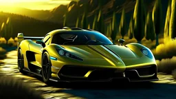 A yellow KOENIGSEGG JESKO ABSOLUT, unreal 5, hyperrealistic, realistic, photorealistic, dynamic lighting, highly detailed, cinematic landscape, studio landscape, studio lighting