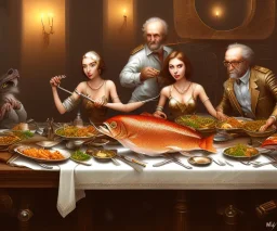 supper, fish sit at the table and eat pieces of people.