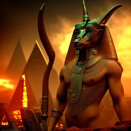 A portrait post-apocalypse of Jackal Egyptian God Anubis ,in a sin city pyramid, sci-fi fantasy style, volumetric lighting, particales,highly detailed,cinamatic,8k,3D,fire and black deep colours,ignore NSFW.