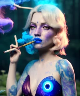 Ultra realistic wonderland photo, happy blonde woman smoking a shisha, blue dress, big purple-cat friend, circus dress style, old school tattoo, smoke, marijuana garden, glow eyes, perfect iris, soft color, highly detailed, unreal engine 5, cinematic, ultra detail, volumetric lighting, high definition.