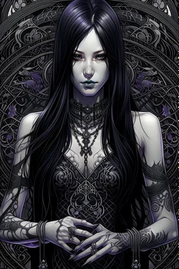 a woman with dark purple-black long hair and black tattoos on her body, a cold, indifferent expression, silver and black onyx jewelry, black lace dress, cybernetics, crepy stunning anthropomorphic female, Minjae Lee vibe, cbybernetic and etheral human, ancient deity, by Vincent Lefevre and Yoshitaka Amano, stunning 3d