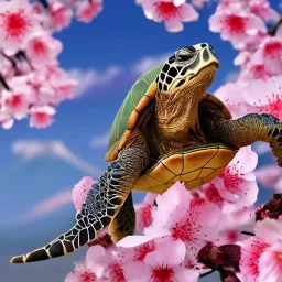 Turtle and Mount Fuji and cherry blossoms