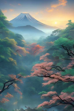 Depiction of morning in Japan with beautiful landscapes and mountains.