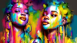 4 FAT African WOMEN seated LAUGHINGON CELLPHONES fashion showjoy smiling colourfulhappily Speedpaint_with_large_brush_strokes_and paint splatter by Jeremy Mann, Andre Demonaz,Mark Lagge oil splash, Paint Strokes, Ink Drip, paint splatte