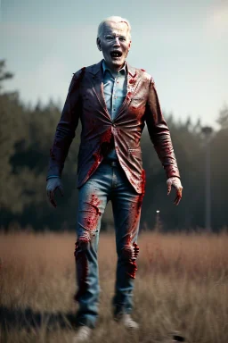 Ultra realistic image, joe biden zombie, zombie performance, blood, torn arm, night, walking twisted, waist up view, walking dead style, dark ambient, highly detailed, sky background, concept art, unreal engine 5, god rays, ray tracing, RTX, lumen lighting, ultra detail, volumetric lighting, 3d, finely drawn, high definition, high resolution.