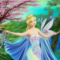 jolie féé blonde avec des ailes irisés et une robe de princesse entourée de cerisiers du japon et de cascade d'eau transparente et bleuté