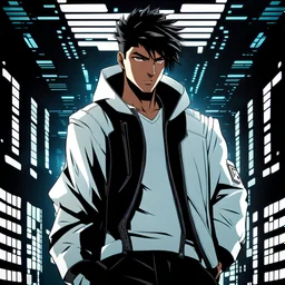 mysterious youthful Latino male hacker, white jacket, cyberpunk background, dark and intriguing, confident, intense, handsome, anime style, retroanime style