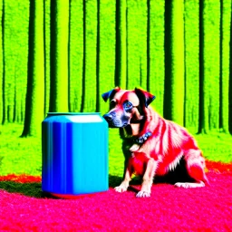 Generate a red dog in a forest background with blue coolers