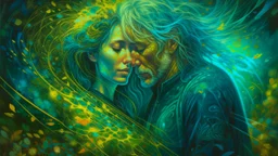 old worn layered canvas, Surrealism, Captivating realistic painting of a MAN, Medium ground, vibrant gold splashes, Multiple exposure, fluffiness, Their faces are BRIGHTLY LITTLE, his hair blends into swirling fractal vines and tree roots, dark green foliage, HE HUGS THE WOMAN, WINGS, Their faces are brightly lit, Flowing hair dissolves into intricate patterns of blue waterfall, Night-time tiny glowing fireflies, Set against a hazy ethereal background, Flashes, Space, Gold fragments, Gold partic