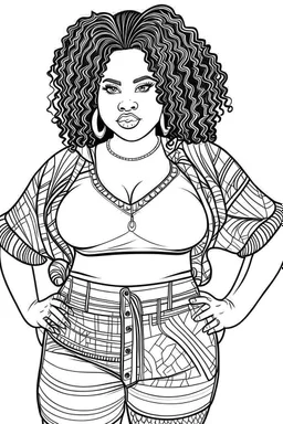 black curvy woman eyes front camera coloring page fashion style full body