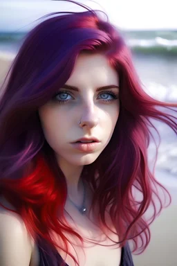 purple hair, best quality, 1girl, medium boobs, beach, beautiful eyes, red eye,