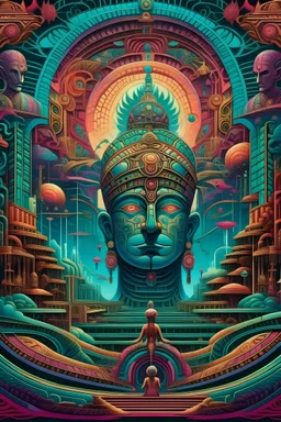 A mesmerizing cobo-futuristic detailed illustration depicting an otherworldly assemblage art scene featuring a CardScool adorned with the intricate patterns of an Assamese Bihu Mekhela Sador Gamosa, accompanied by vibrant colorful ink illustrations by the likes ofMichael Hutter, Jacek Yerka, Don Mcpharlin, RHADS, ARTGERM and Wayne Barlow rendered in a surreal, space dandy style, with the artwork showcasing a highly detailed and godsend-like quality, resulting in a visually breathtaking masterpie