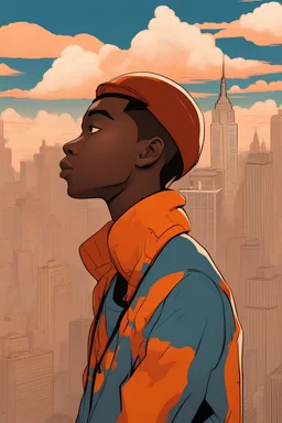 portrait in profile of a young African American teenager with an orange conedison his head. Large clouds of steam rise from the end of the cone on his head. With New York in the background. Made in the style of "Spider-Man: Into the Spider-Verse"