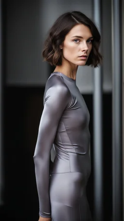 photography of a beautiful anorexic woman, grey satin triathlon top, brunette wavy bob haircut, flat chest, grey satin cycling leggins