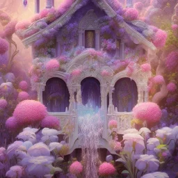 8K realistic dreamscape with magical white castle, Cascades of bright flowers, majestic, intricate, masterpiece, insanely detailed, cinematic smooth, intricate details , soft smooth lighting, soft smooth pastel colors, iridescent accents