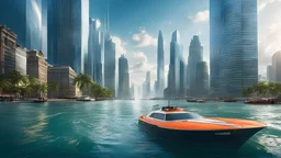 Climate change. A modern city partially submerged under rising sea levels. Skyscrapers emerge from the water, while streets and lower buildings are completely inundated. Boats navigate where cars once drove, and people wade through knee-deep water. Beautiful award-winning photograph, inspiring, rule of thirds, balanced delightful composition, perfect lighting, superb detail, 16k render