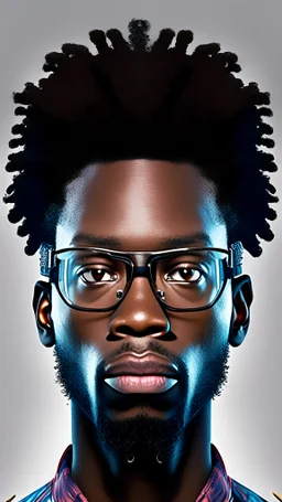 draw a hyper realistic Afrofuturistic man with augmented reality glasses on half body photo