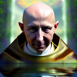 spray painted fantasy art, realism, color corrected, white balance, book illustration,portrait of a realistic bald priest by a dam ,autumn water, colorful, evening