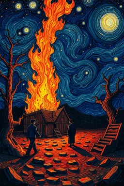 The Fire in the Madhouse at the End of Time; end of life as we know it .Pointillism; in the style of Vincent Van Gogh