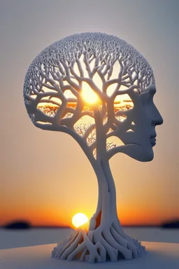 White AI algorithmic based 3D printed generative design, tree growing out of human head, natural dusk sunset lighting,