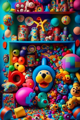 A (((vibrant showcase))) overflowing with an array of colorful ((toys)) that perfectly capture the exuberance of childhood fun