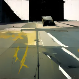 Minimal abstract oil paintings desolate 1960s carpark concrete fragments and naked bodies. style of Justin Mortimer and Francis Bacon. road markings.