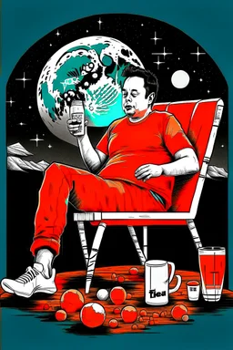 simple scene, Elon musk sitting on the moon on an orange couch eating popcorn, looking unamused at planet earth,. selective colours