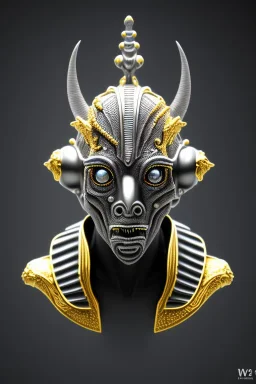 Silver alien, head, wicked, black eyes, blood, 8k, finely detailed, photo realistic, Anunnaki black male African Egyptian alien, cracks in the voodoo head, wicked, eyes, crown, Elephant, 8k, finely detailed, photo realistic, tiger turquoise skull head gold dragon space alien snow skeleton gold olmec silver crown silver eyes